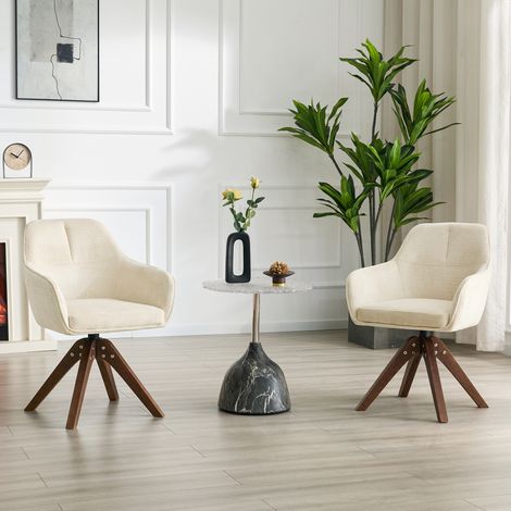 Juego de 2 sillas de comedor giratorias 360° con reposabrazos, tapizadas en tela y con patas de madera maciza - blancas