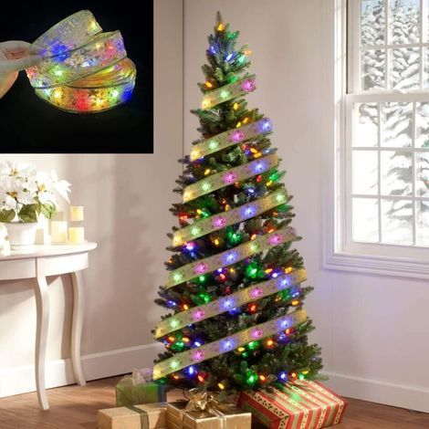 LED string lights, decorative satin ribbon, Christmas tree decoration, 5 meters, 50 lights, three battery packs with flashing light, colorful light, gold ribbon (1/5)