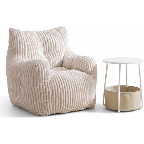 FurnitureR Wohnzimmer Set Sessel creme Cordstoff mit Beistelltisch weiß mit Stauraum kleines Möbel Set gemütlich modern Wohnzimmer