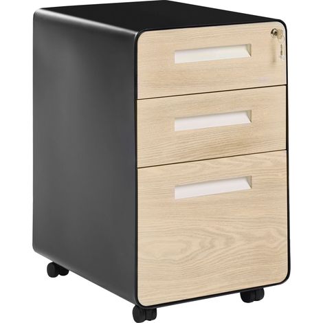 Storage Cabinet Black and Light Brown Steel 3 Drawers with Wheels Key-Locked Modern Office LARCO
