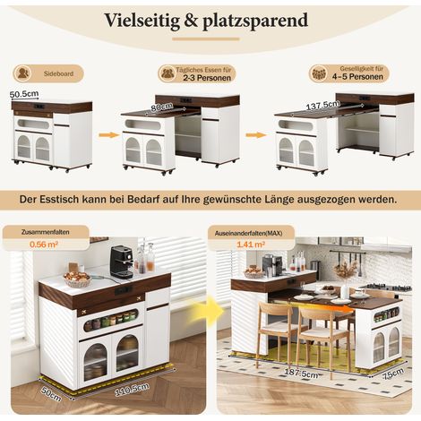 Îlot de cuisine mobile avec roulettes, table extensible avec prises électriques et verre strié, buffet à tiroir, meuble de rangement pour cuisine et salle à manger (Blanc + Noyer) (1/5)
