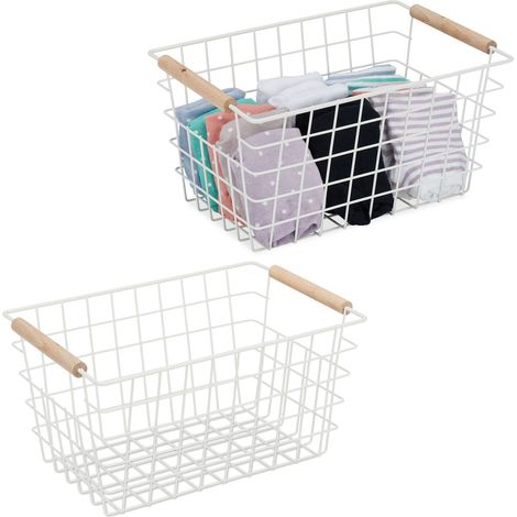 2x Paniers fil métal, poignées bois, rectangulaire, design quadrillé, vêtements, accessoires, HxLxP: 16x31x21 cm, blanc
