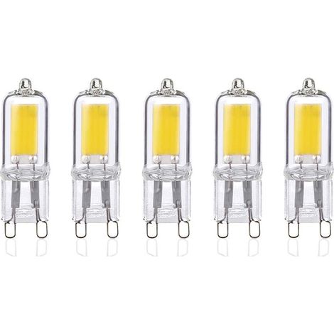 Lot de 5 ampoules LED G9 2 W, lumière blanc froid 6000 K, 250 lumens, angle de diffusion à 360°, Ra  80, AC 220-240 V, non dimmables.