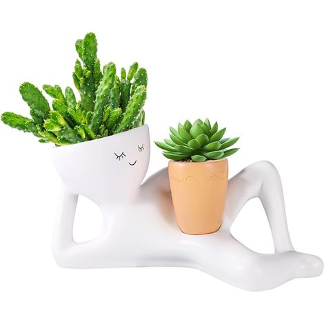 Pot Fleurs en Résine, 23x11cm Résine Amusante Plantes d'Intérieur Position Allongée Motif Smile Décoration Pratique pour Bureau Balcon Salon Cour Jardin (Blanc) (1/5)