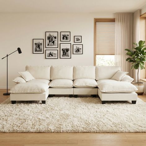 Ecksofa Chenille Beige 332x151x90 cm mit flexiblem Ottomanen-Modul und abnehmbaren Armlehnen