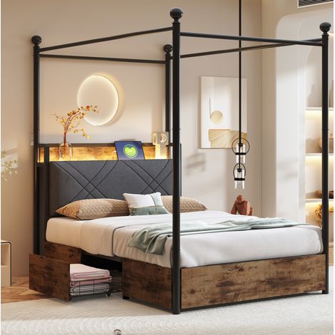 Lit 90x190 avec rangement LED USB métal noir OKMYHOME (1/5)