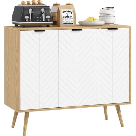 Mobile contenitore basso con 2 ante, 3 sportelli, motivo a spina di pesce, ripiani regolabili, 91,5 x 35 x 77,4 cm, legno naturale.