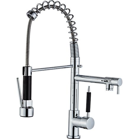 Einteilige Küchenarmatur mit ausziehbarer Brause, modernem, hohem Auslauf, Messing, 360° schwenkbar, einziehbar, 2 Brauseköpfe, Spültischarmatur (1/5)