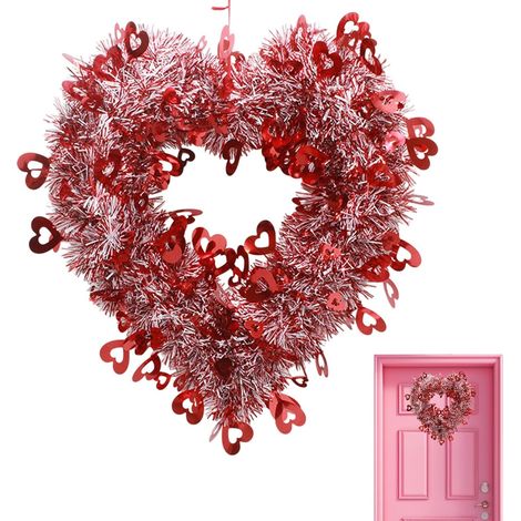 Valentinstag-Herzkranz, Valentinstagskranz Herzförmiger Valentinskranz Künstlicher roter Türkranz,Hochzeitsgirlande-Dekoration mit Seil, romantische Heimdekoration für den Valentinstag (1/5)