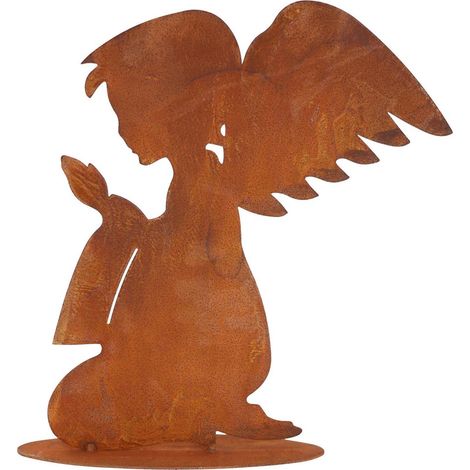 Ange de Noël Priant en Métal Décoration Patine Rouille sur Socle ou Tige 30x30 cm - PANGIVO
