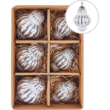 Set di 6 palline di Natale in vetro fatte a mano Baubles Xmas Tree Hanging Distressed Decorations Argento Cremeux