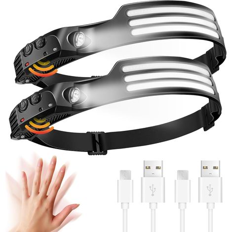 LED Rechargeable Headlamp, Pack of 2, Super Bright 230° Wide Angle Headlamp, 3 x LED White Light Sensor, Waterproof, Lightweight Headlamps, Perfect Headlamp for Jogging, Fishing, Running (1/5)