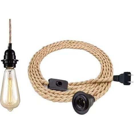 Lustre Corde de Chanvre de 4,5 Mètres - Tête Unique Suspendue Câble de Lumière Corde E27 Prise, Vintage Lustre Corde Chanvre avec Prise Interrupteur, DIY Lampe Suspension pour Maison (1/4)
