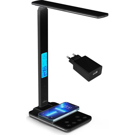 Leditou - Lampada da scrivania a LED a risparmio energetico con caricatore wireless QI da 15W. Orologio illuminato con sveglia e termometro °C/°F, 3 colori di luce, 9 livelli di luminosità, controllo  (1/5)