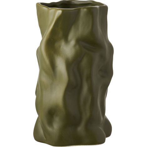 Vaso in ceramica verde oliva con forma organica scultorea ø15x25,5 cm