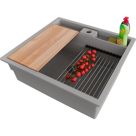 PRIMAGRAN Evier Sous Plan 56x54cm,Evier en Granit 1 bac + Kit de Vidage + Accessoires, Évier au meuble 60cm - Bergen Pocket, Gris