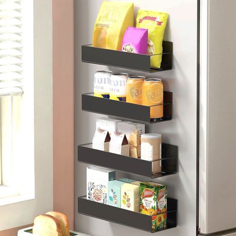 Etagère Réfrigérateur Magnétique, 4 Pièces Étagère à Métaux Porte-Épices, Etagere Murale sans Percage Etagère Réfrigérateur - Economie Espace pour la Cuisine (Noir) (1/5)