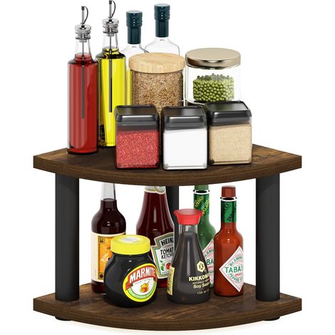 Organisateur de comptoir, étagère d’Angle 2 Niveaux pour Cuisine et Garde-Manger, pin ambré (1/5)