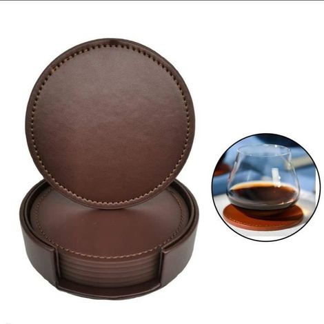 6 pièces Dessous de Verre en Cuir PU Antidérapant avec Support Résistant à la Chaleur pour Café, Bière, Tasse à thé,Cafe (1/4)