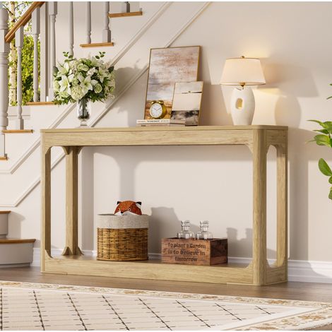 Table console 140x30x79 cm naturelle avec rangement à deux niveaux, MDF MEUBLIV (1/5)