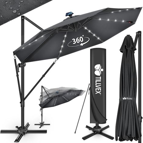 tillvex Parasol haut de gamme en aluminium anthracite 330 cm + housse et pare-vent  Parasol déporté 6 positions avec manivelle  Parasol de jardin pivotant et inclinable à 360°  Parasol à manivelle gra