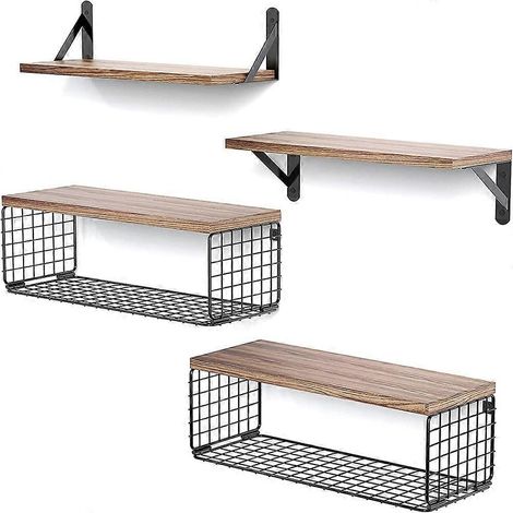 Étagère murale flottante 4 pièces, panier en fer forgé, rangement pour la maison, marron clair (1/5)