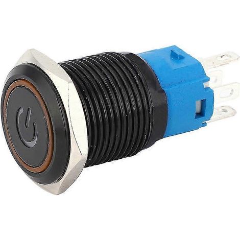 Schwarzer, selbstverriegelnder Metallschalter 16 mm IP65 mit LED-Anzeige und Symbol, 2 Stück, 12 VDC (gelber Knopf) (1/5)