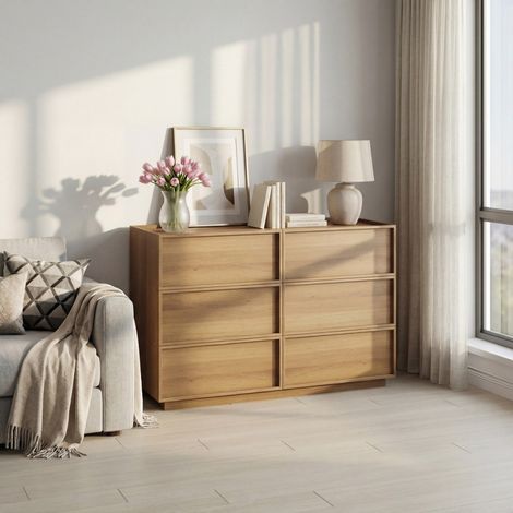 Commode 6 tiroirs moderne en bois, meuble de rangement pour salon chambre couloir, finition chêne 115 x 48 x 78 (1/5)