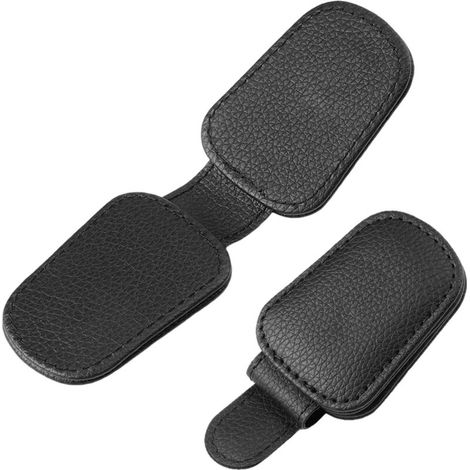 Portaocchiali magnetico per aletta parasole auto – Set di 2 custodie in pelle nera con clip universale e scomparto portaoggetti integrato