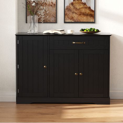 Sideboard en MDF noir, 3 portes et 1 tiroir, rangements réglables, poignées métal, pour entrée, salon ou salle à manger (1/5)