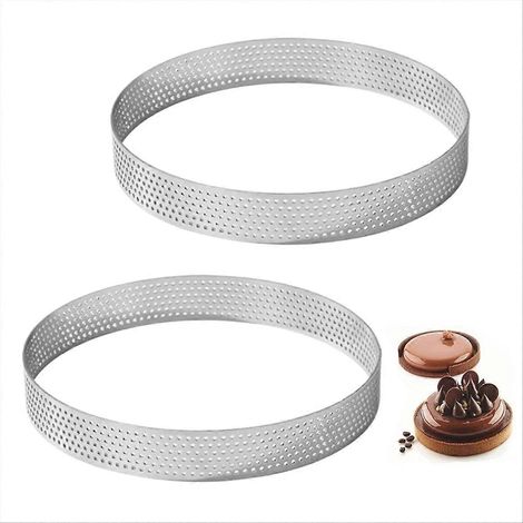 Lot de 2 cercles à tarte de 20 cm de diamètre, perforés, en acier inoxydable antiadhésif, résistants à la chaleur. (1/5)