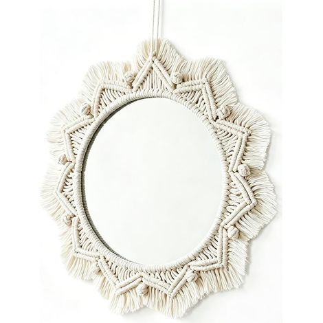 Miroir mural en macramé avec corde tissée à la main - Rond - Décoration bohème - Pour chambre à coucher, salon, entrée, hôtel, décoration d'intérieur - 40 cm (1/5)
