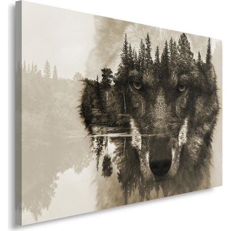 Stampa su tela, Lupo su uno sfondo di foresta - marrone - 90x60 (1/4)