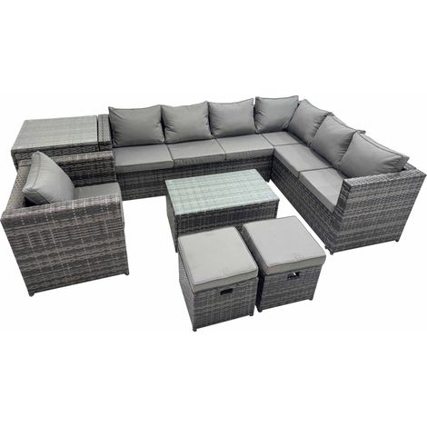 Fimous Patio Sofa Oblong Coffee Table Set Rattan Garden Furniture Set with Chair Side Table Dark Grey Mixed (1/5)