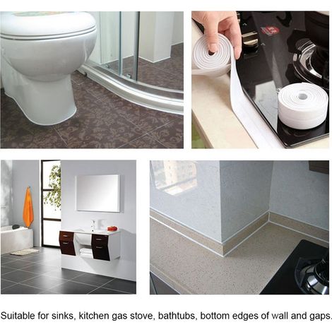 Bande adhésive blanche de 38 mm, résistante à la moisissure et imperméable, pour l'étanchéité des murs de salle de bain et cuisine. (1/5)