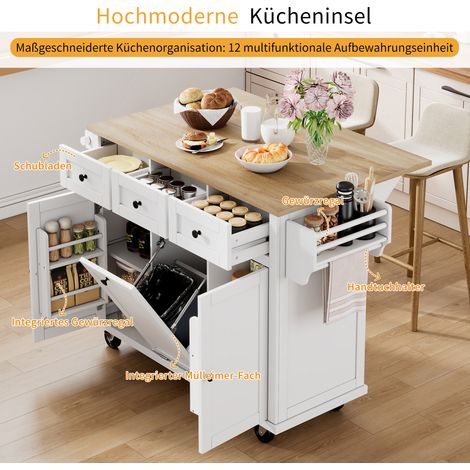 Îlot de cuisine mobile sur roulettes, extensible avec rangement pour poubelle et tiroirs, table de préparation roulante idéale pour cuisine et salle à manger (Blanc) (1/5)
