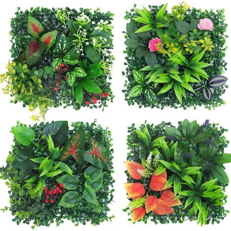 Mur de plantes d'extérieur - Lot de 4 plantes artificielles - 25 x 25 cm - Décoration pour mur, balcon et jardin (hybride 04) (1/5)