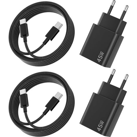 2Pack Chargeur USB C 45W Chargeur pour Samsung Charge Rapide avec 2M Câble Type-C, Alimentation Prise USB C Adapteur Chargeur pour Galaxy S25/S24/S23/S22/S21/Note20, pour iPhone 17/16/15 - Noir (1/5)