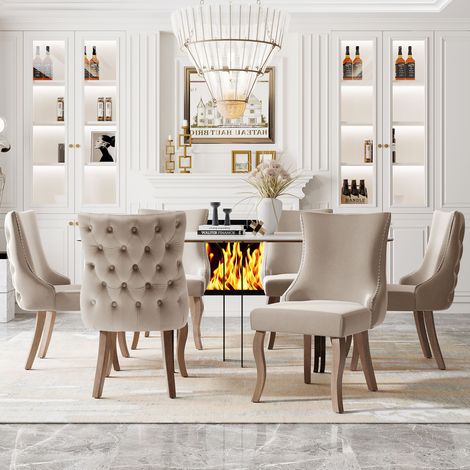 Lot de 6 chaises de salle à manger, dossier avec patchwork boutons, bordure cloutée, housse velours, pieds courbés bois massif, beige