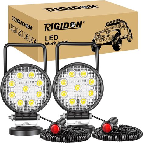 2x 10 cm 4 pouces 27W rond lampe de travail portable allume-cigare feux de travail aimanté, base magnétique, 12V 24V, câble de 3 mètres, phare, flood, pour offroad Voiture camions ATV SUV 4x4 (1/5)