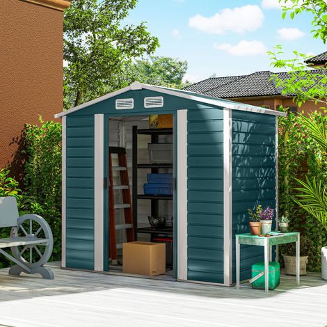 Cobertizo Metálico para Jardín 213x120x166/194 cm con Base Refuerzo Puertas Correderas y Ventilaciones Verde Oscuro (1/5)