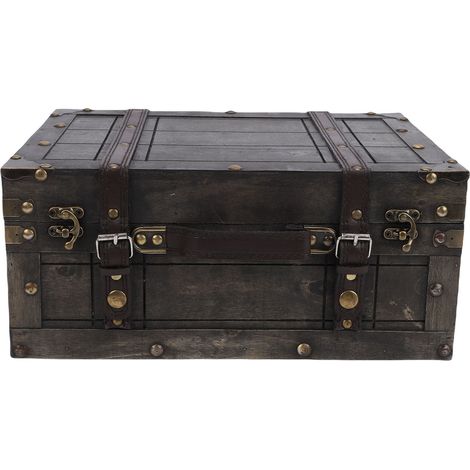 Malle de Rangement Vintage Bois Gris 34.5cm Poignée Cuir PU Accessoires Alu Déco Maison (1/5)