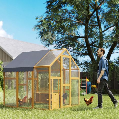 Poulailler 3,07 m2 enclos extérieur bois avec tissu étanche, serrure de sécurité, pour 6 à 8 poules 1,7 x 1,8 x 1,8 m (1/5)