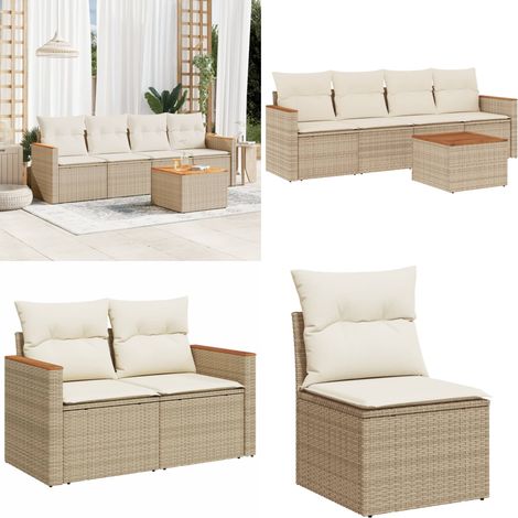 5-tlg. Garten-Sofagarnitur mit Kissen Beige Poly Rattan - Gartensorte - Gartenmöbelset - Outdoor-Lounge - Rattan Gartenmöbel - Lounge Set - Home & Living (1/5)