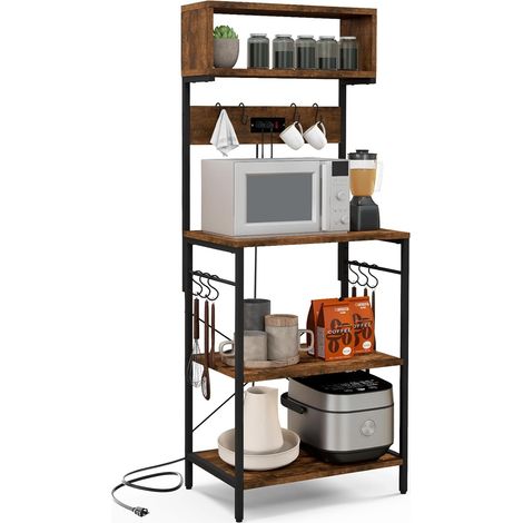 GOPLUS Étagère de Cuisine à 5 Niveaux avec Prise Électrique, Support pour Micro-Ondes avec 10 Crochets, pour Bar à Café à Domicile avec Cadre Métallique Résistant, Style Industriel (1/5)