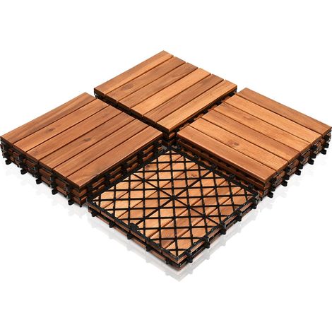 Lot de 44 carreaux de bois d'acacia, 6 lattes, 4 m², 30 x 30 cm, pour carrelage de terrasse et de balcon (1/5)