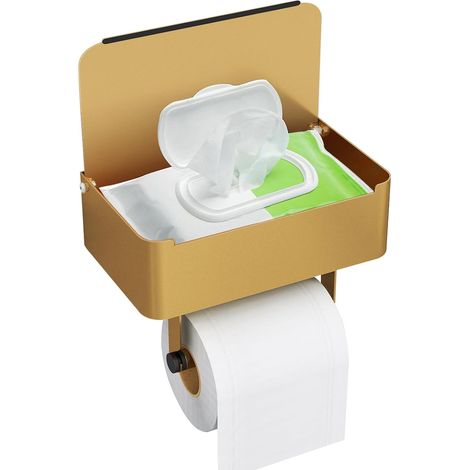 Porte Papier Toilette Mural, Support Papier Toilette avec Boîte à Lingettes Humides, 304 Acier Inoxydable Porte Rouleau Papier Toilette, Installation avec Vis ou 3M Auto-adhésif, Gold Mat (1/5)
