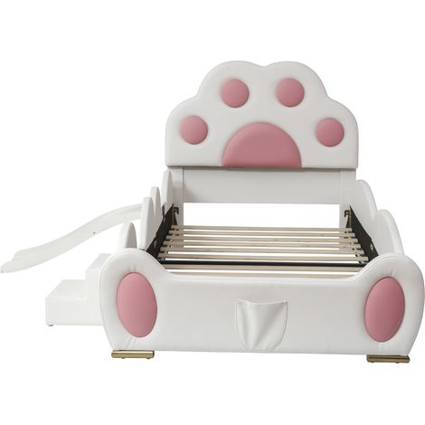 Lit rembourré, lit simple, lit enfant, tête de lit en forme de patte de chat de dessin animé, avec toboggan pour enfant et échelle à deux niveaux, surface PU, blanc + rose, 90x200cm (1/5)