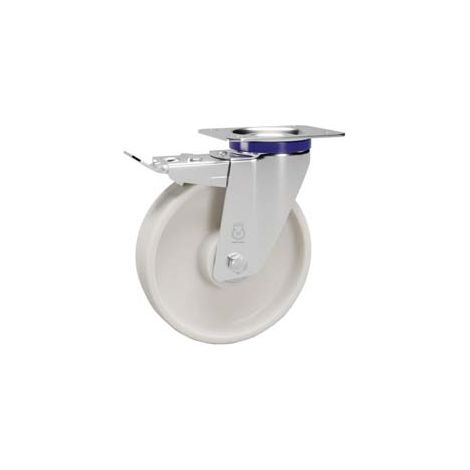 RUOTE IN POLIAMMIDE C/SUPPORTO INOX C/PIASTRA GIREVOLE FRENO 119ANT- - ø mm.100x30 piastra mm.100x85 - mm.128h. p.kg150 - 1 pezzi AVO