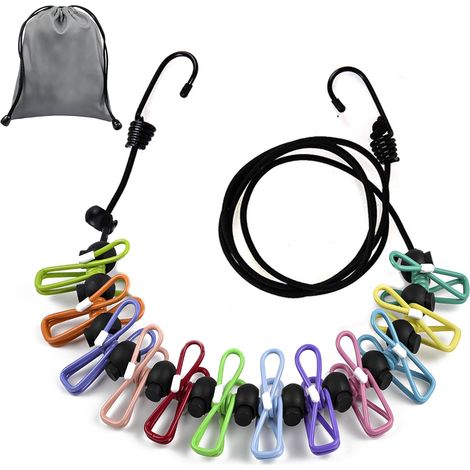 Tragbare Wäscheleine – elastische Wäscheleine mit 12 Clips – für Reisen, Urlaub, Outdoor, Camping, Wohnheim (180–300 cm) (1/5)